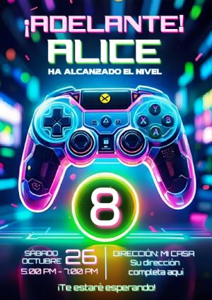 Invitación de Cumpleaños Gamer Neón para Editar y Compartir