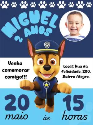 Convite Aniversário Chase Patrulha Canina com Foto para Editar