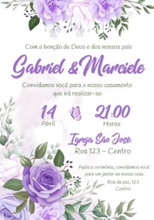 Convite de Casamento Floral Lilás Elegante para Editar