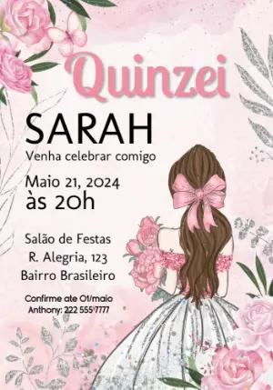 Convite de 15 Anos Rosa e Prata com Glitter para Editar