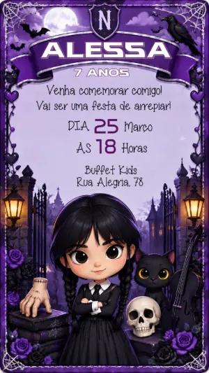 Convite de Aniversário Wandinha Roxo para Editar