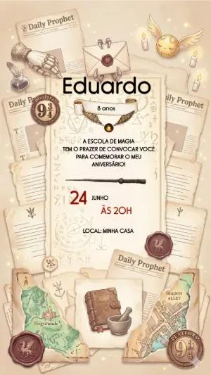 Convite de Aniversário Harry Potter com Mapa Mágico para Editar