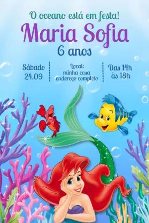 Convite de Aniversário Ariel Pequena Sereia Editável