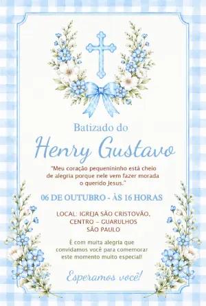Convite de Batizado Menino Floral Azul para Editar Online