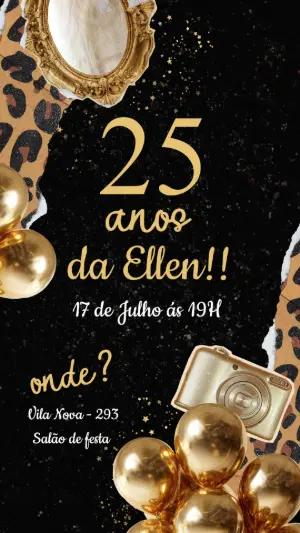 Convite de Aniversário Glamour Oncinha e Dourado Editável