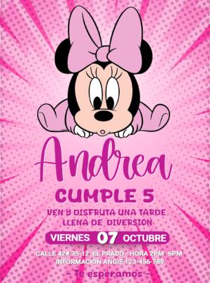 Invitación de Cumpleaños Minnie Mouse Rosa para Editar
