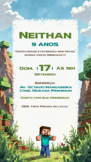 Convite de Aniversário Minecraft com Personagens para Editar