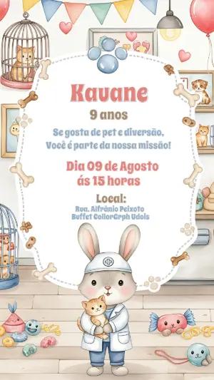 Convite Aniversário Veterinária com Animais Fofos para Editar