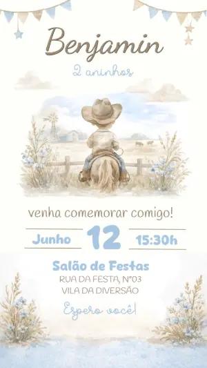 Convite Aniversário Infantil Cowboy Aquarela Modelo Editável