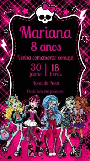 Convite de Aniversário Monster High Rosa e Preto Editável