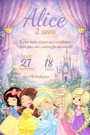 Convite de Aniversário Princesas Disney Modelo Editável