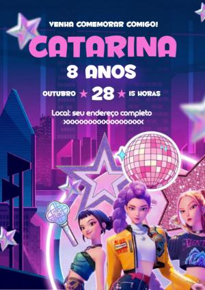 Convite de Aniversário K-pop Guerreiras Neon para Editar