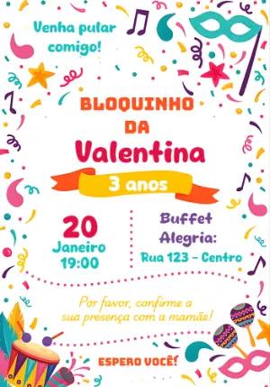 Convite de Aniversário Bloquinho de Carnaval Colorido para Editar