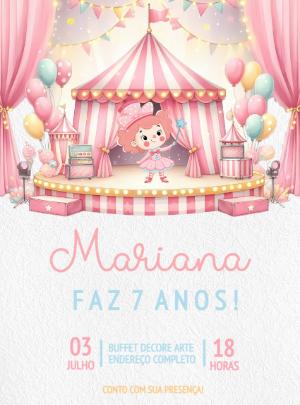 Convite Aniversário Circo Rosa para Editar Online