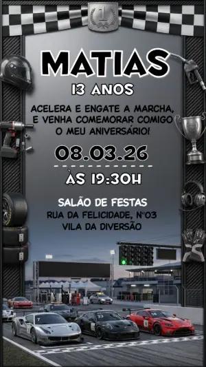 Convite de Aniversário Carros de Corrida Moderno para Editar