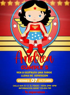 Invitación de Cumpleaños Mujer Maravilla Infantil para Editar