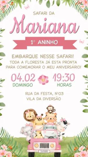 Convite de Aniversário Safari Rosa Aquarela para Editar