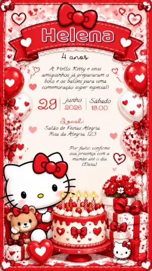 Convite de Aniversário Hello Kitty Vermelho para Editar