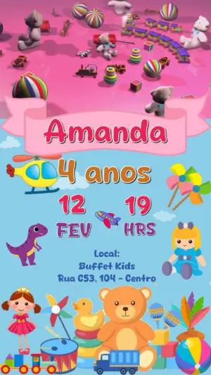 Convite Animado Aniversário Infantil Tema Brinquedos Coloridos