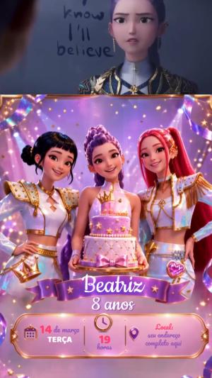 Convite Animado de Aniversário Guerreiras do Kpop para Editar