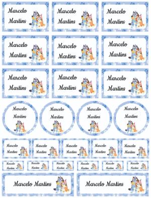 Etiquetas Escolares Bluey e Bingo em Azul para Editar e Imprimir