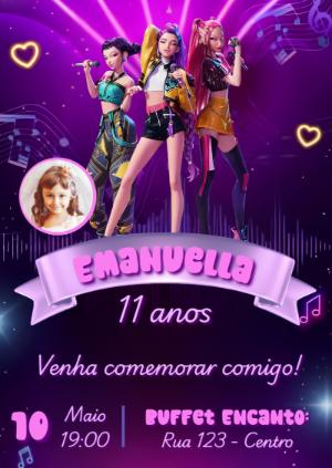 Convite de Aniversário Guerreiras do Kpop com Foto para Editar