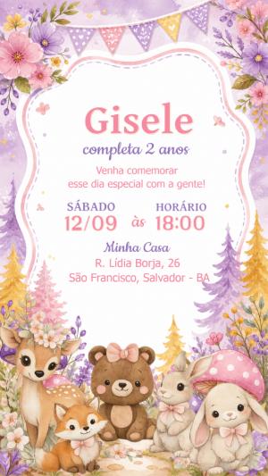 Convite Aniversário Animais do Bosque Aquarela Editável