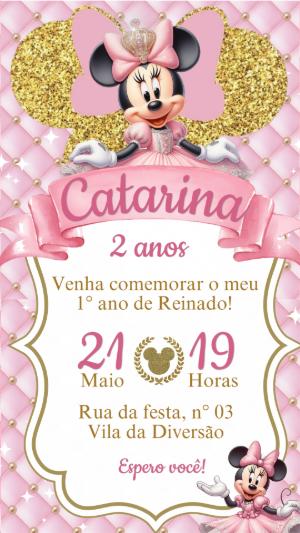Convite Aniversário Minnie Realeza Rosa e Dourado Editável