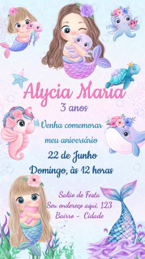 Convite Aniversário Sereia Fundo do Mar para Editar Online