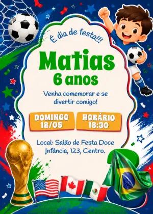 Convite de Aniversário Futebol Copa do Mundo Menino Editável