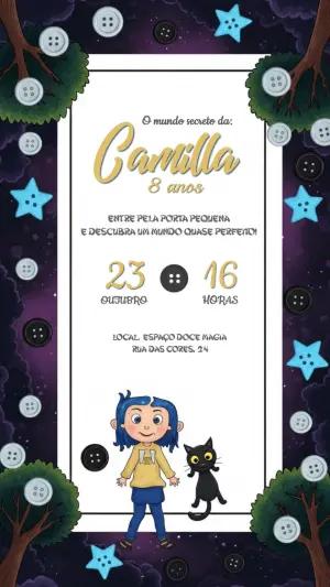 Convite Digital Aniversário Infantil Tema Coraline Editável