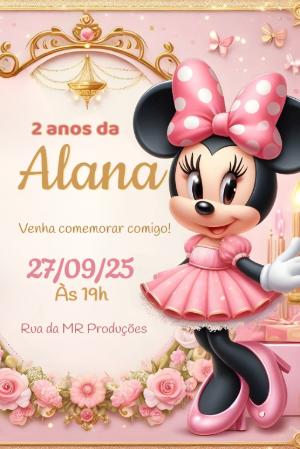 Convite Aniversário Minnie Mouse Princesa Rosa e Dourado Editável