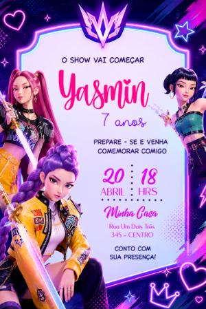 Convite de Aniversário Guerreiras K-Pop Neon para Editar