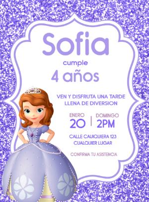Invitación de Cumpleaños Princesa Sofía con Brillo para Editar