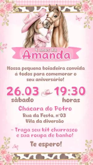 Convite de Aniversário Country Rosa com Cavalo para Editar