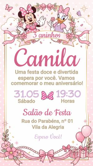 Convite de Aniversário Minnie e Margarida Rosa Editável