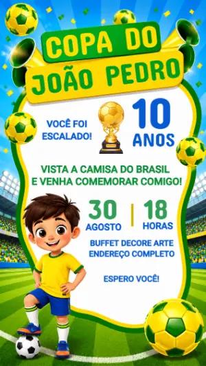 Convite de Aniversário Futebol Brasil Copa do Mundo Editável