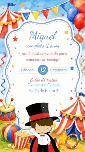 Convite de Aniversário Circo Mágico Aquarela para Editar