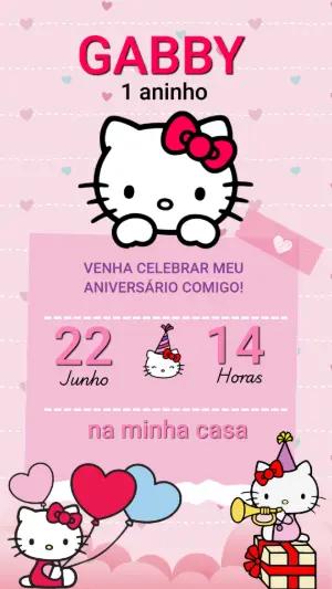 Convite Digital Hello Kitty Rosa para Aniversário Infantil Editável
