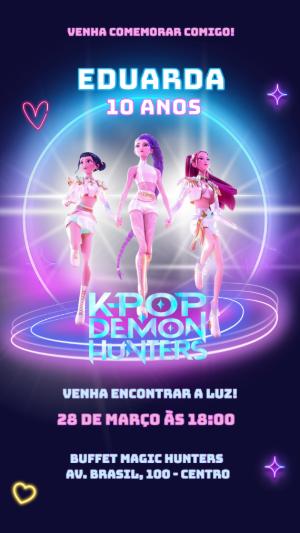 Convite de Aniversário K-Pop Demon Hunters Neon Editável