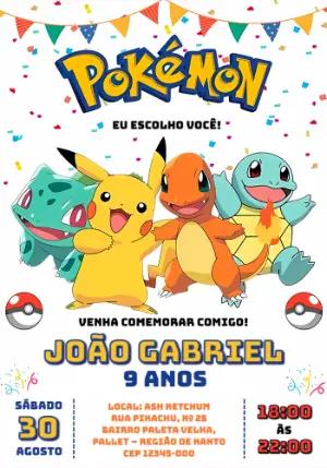 Convite de Aniversário Pokémon com Pikachu para Editar Online