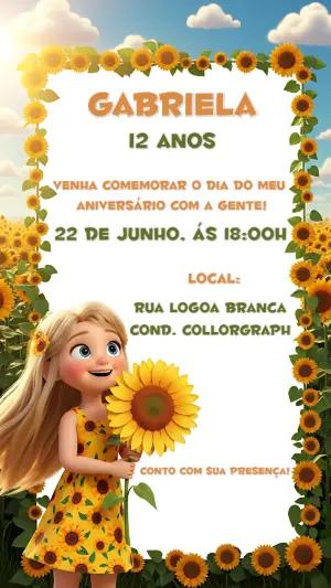Convite de Aniversário Girassol com Menina para Editar Online