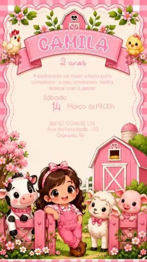 Convite de Aniversário Fazendinha Rosa para Editar