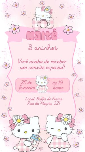 Convite Aniversário Hello Kitty Rosa para Editar Online