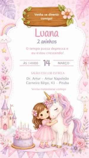 Convite de Aniversário Unicórnio Rosa e Lilás Editável
