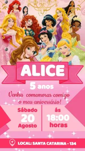 Convite de Aniversário Princesas Disney Editável Online