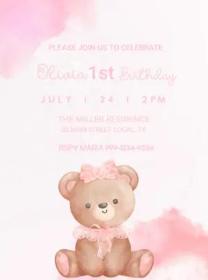 Cute Pink Teddy Bear Birthday Invitation to Edit
