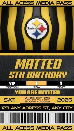 Football Media Pass Birthday Invitation Pittsburgh Steelers