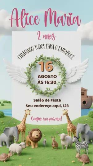 Convite de Aniversário Arca de Noé 3D Fofo para Editar