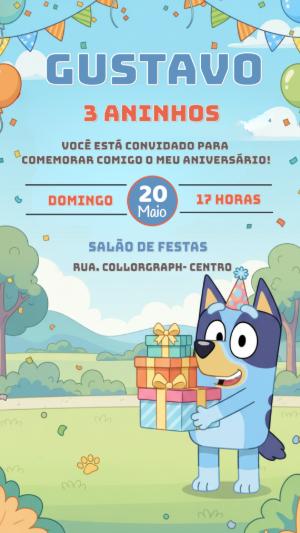 Convite de Aniversário Bluey Infantil Editável para Enviar